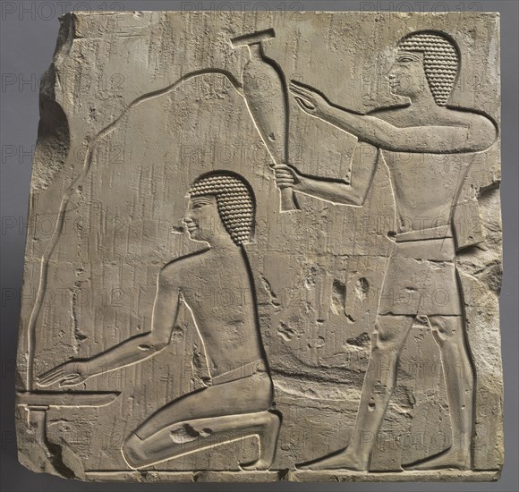Priests Performing Funeral Rites, c. 667-647 BC. Egypt, Thebes, Late Period, Late Dynasty 25 to Early Dynasty 26. Limestone; overall: 36.1 x 37.5 cm (14 3/16 x 14 3/4 in.).