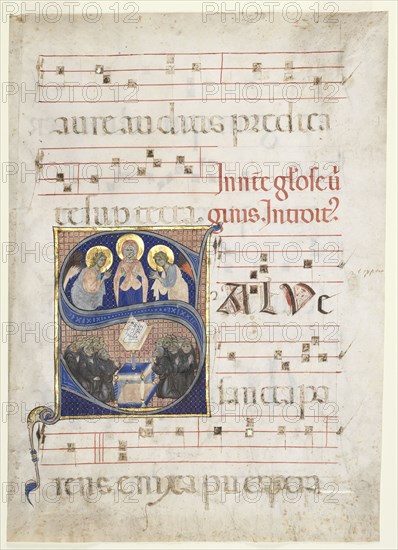 Initial S[alve sancta parens] with the Virgin Adored by Angels, and Singing Benedictine Monks:  Single Leaf from a Gradual, c. 1270. South Italy, 13th century. Ink, tempera, and gold on parchment; sheet: 47 x 34 cm (18 1/2 x 13 3/8 in.)
