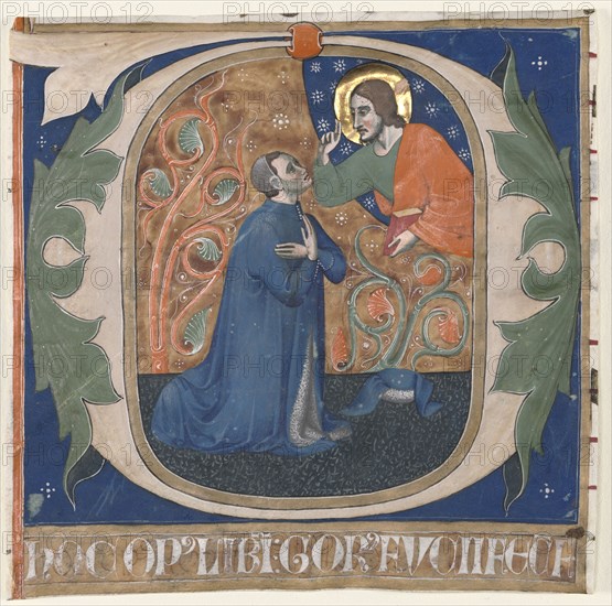 Historiated Initial (O) Excised from an Antiphonary: The Donor, Gorus Fucci, Kneels before Christ, c. 1300-1350. Italy, Arezzo(?), 14th century. Ink, tempera, and gold on parchment; sheet: 13.4 x 13.4 cm (5 1/4 x 5 1/4 in.).