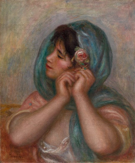 Young Woman Arranging Her Earring, 1905. Pierre-Auguste Renoir (French, 1841-1919). Oil on fabric; framed: 76.5 x 67.5 x 10 cm (30 1/8 x 26 9/16 x 3 15/16 in.); unframed: 55.3 x 46.4 cm (21 3/4 x 18 1/4 in.).