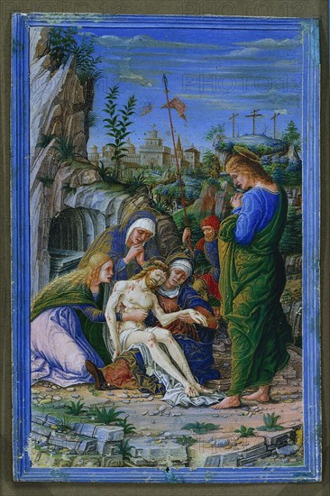 Single Leaf from a Book of Hours: Pieta, c. 1475-1485. Attributed to Francesco dai Libri (Italian, c. 1506), after Andrea Mantegna (Italian, 1431-1506). Tempera and gold on vellum; sheet: 14 x 9.3 cm (5 1/2 x 3 11/16 in.).