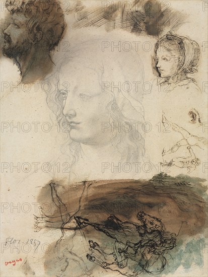 Sheet of Studies and Sketches, 1858. Edgar Degas (French, 1834-1917). Graphite (central head study), pen and brown ink, brush and brown wash, and watercolor; sheet: 30.3 x 23.5 cm (11 15/16 x 9 1/4 in.).