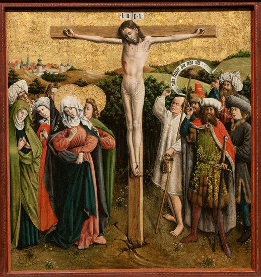 Altarpiece with The Passion of Christ, c. 1440s. Master of the Schlägl Altarpiece (German). Oil and gold on wood; framed: 88.9 x 157.5 x 8.3 cm (35 x 62 x 3 1/4 in.); unframed: 74.3 x 69.8 cm (29 1/4 x 27 1/2 in.); part 1: 84.9 x 81.4 x 8.3 cm (33 7/16 x 32 1/16 x 3 1/4 in.); part 2: 84.6 x 152.2 x 8.3 cm (33 5/16 x 59 15/16 x 3 1/4 in.); part 3: 84.6 x 78.7 x 8.3 cm (33 5/16 x 31 x 3 1/4 in.); panel: 36.2 x 35 cm (14 1/4 x 13 3/4 in.).