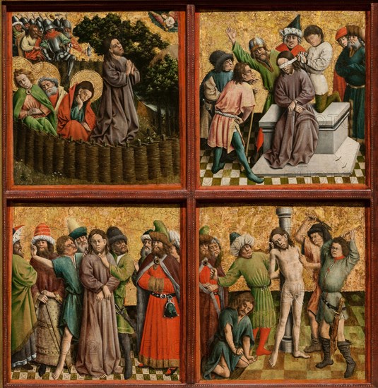 Altarpiece with The Passion of Christ, c. 1440s. Master of the Schlägl Altarpiece (German). Oil and gold on wood; framed: 88.9 x 157.5 x 8.3 cm (35 x 62 x 3 1/4 in.); unframed: 74.3 x 69.8 cm (29 1/4 x 27 1/2 in.); part 1: 84.9 x 81.4 x 8.3 cm (33 7/16 x 32 1/16 x 3 1/4 in.); part 2: 84.6 x 152.2 x 8.3 cm (33 5/16 x 59 15/16 x 3 1/4 in.); part 3: 84.6 x 78.7 x 8.3 cm (33 5/16 x 31 x 3 1/4 in.); panel: 36.2 x 35 cm (14 1/4 x 13 3/4 in.).