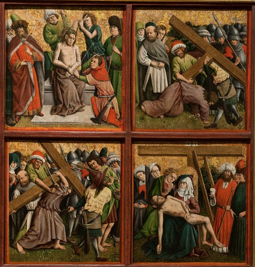 Altarpiece with The Passion of Christ, c. 1440s. Master of the Schlägl Altarpiece (German). Oil and gold on wood; framed: 88.9 x 157.5 x 8.3 cm (35 x 62 x 3 1/4 in.); unframed: 74.3 x 69.8 cm (29 1/4 x 27 1/2 in.); part 1: 84.9 x 81.4 x 8.3 cm (33 7/16 x 32 1/16 x 3 1/4 in.); part 2: 84.6 x 152.2 x 8.3 cm (33 5/16 x 59 15/16 x 3 1/4 in.); part 3: 84.6 x 78.7 x 8.3 cm (33 5/16 x 31 x 3 1/4 in.); panel: 36.2 x 35 cm (14 1/4 x 13 3/4 in.).