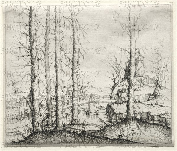 River Landscape with Five Bare Spruce Trees in the Foreground, 1549. Augustin Hirschvogel (German, 1503-1553). Etching