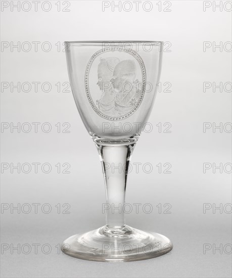 Goblet: Portrait of William V, Prince of Orange and his wife, Frederica Sophia Wilhelmine of Prussia, c. 1780. Manner of David Wolff (Dutch, 1732-1798). Glass; diameter: 8.3 cm (3 1/4 in.); overall: 15.3 x 7.2 cm (6 x 2 13/16 in.).