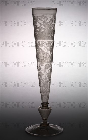 Flute Glass, early 1600s. Germany, Thuringia, early 17th century. Glass; diameter: 10.4 cm (4 1/8 in.); overall: 33 x 6.7 cm (13 x 2 5/8 in.).