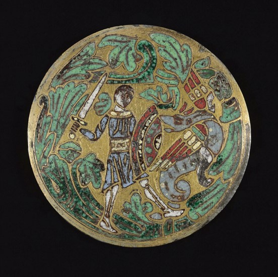 Warrior Fighting a Dragon, c. 1170-1180. Anglo-Norman, England or France, Romanesque period, 12th century. Gilded copper, champlevé enamel; diameter: 6.5 x 0.3 cm (2 9/16 x 1/8 in.).