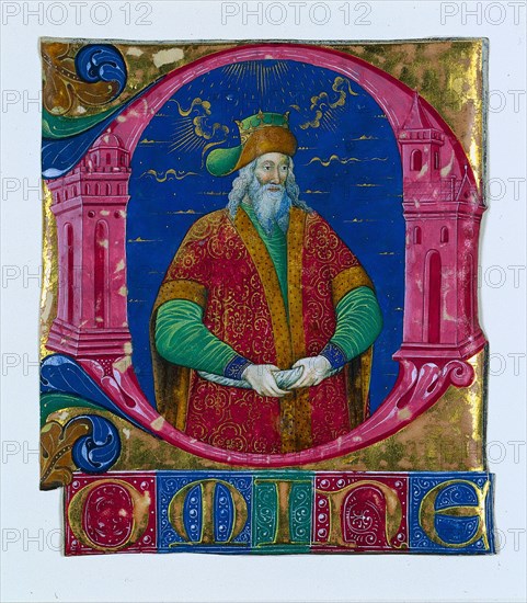 Initial D[omine] from a Choral Book: King Solomon, c. 1470-1480. Attributed to Guglielmo Giraldi del Magri [or del Magro] (Italian). Ink, tempera and gold on vellum; sheet: 17 x 14 cm (6 11/16 x 5 1/2 in.)