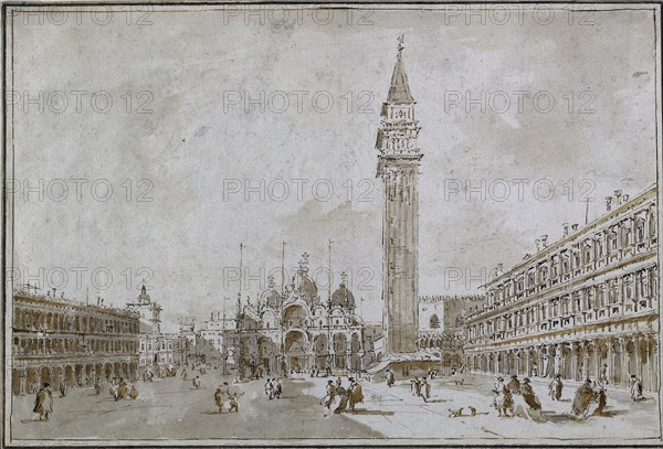 Piazza San Marco, Venice, 1780s. Francesco Guardi (Italian, 1712-1793). Pen and brown ink, brush and  brown wash, with brush and gray wash (possibly chalk) and traces of black chalk, framing lines in brown and black ink; sheet: 31.3 x 46.5 cm (12 5/16 x 18 5/16 in.).