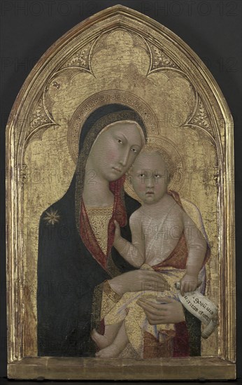 Madonna and Child, c. 1350. Attributed to Lippo Memmi (Italian). Tempera and gold on poplar panel; framed: 71.3 x 43.8 x 5.7 cm (28 1/16 x 17 1/4 x 2 1/4 in.); unframed: 71.3 x 44 cm (28 1/16 x 17 5/16 in.).