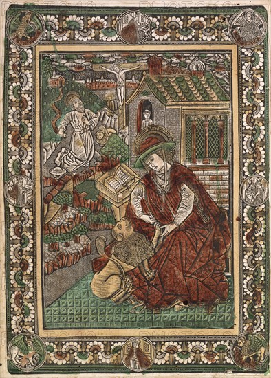 St. Jerome, 1460-1470. Germany, 15th century. Engraving, hand-colored; sheet: 36.1 x 25.4 cm (14 3/16 x 10 in.); book: 40.5 x 28.5 x 6.5 cm (15 15/16 x 11 1/4 x 2 9/16 in.)