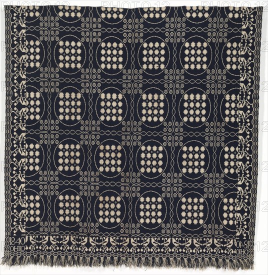Coverlet, 1840. America, Ohio, Clinton County, Port William, 19th century. Double weave: wool and cotton ; average: 203.2 x 212.7 cm (80 x 83 3/4 in.).