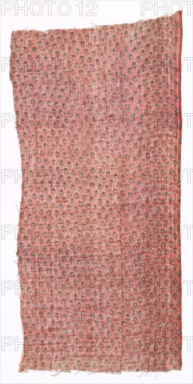 Fragment, 1800s. India, Rajasthan, 19th century. Block printed, resist dyed and painted; cotton; overall: 28.8 x 13.9 cm (11 5/16 x 5 1/2 in.)