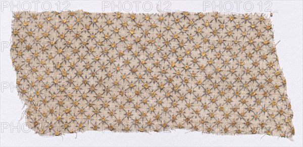 Fragment, 1800s. India, Rajasthan or Northern Deccan, 19th century. Block printed, painted and overprinted with gold leaf; cotton; overall: 6 x 14 cm (2 3/8 x 5 1/2 in.)