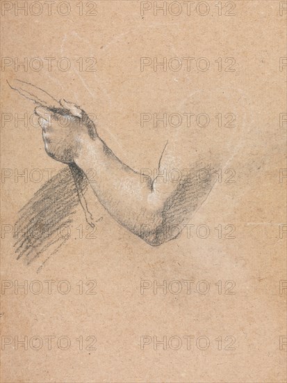 Verona Sketchbook: Left arm and hand (page 75), 1760. Francesco Lorenzi (Italian, 1723-1787). Black chalk with white heightening ; sheet: 32 x 23 cm (12 5/8 x 9 1/16 in.).