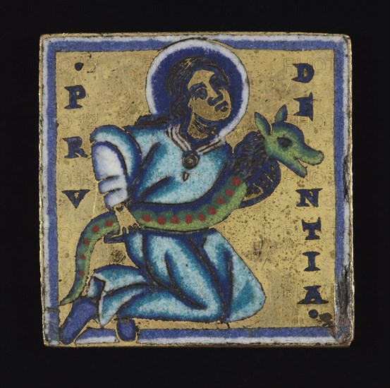 Plaque: Prudentia (Prudence), c. 1160. Mosan, Valley of the Meuse, Gothic period, 12th century. Gilded copper, champlevé enamel; overall: 5.3 x 5.1 cm (2 1/16 x 2 in.).