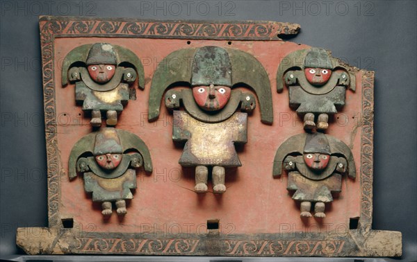 Backrest of a Litter, 900-1470. Central Andes, North Coast, Chimú people, Late Intermediate Period (AD 900 - 1470). Mixed media:  wood, gold alloy, pigment, shell inlay; overall: 60.4 x 95 cm (23 3/4 x 37 3/8 in.).