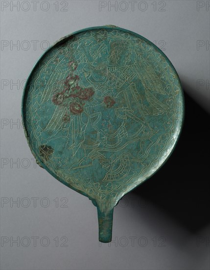 Mirror with Engraved Scene, 400-350 BC. Italy, Etruscan, 1st half of 4th Century BC. Bronze; diameter: 14.4 cm (5 11/16 in.); overall: 19.8 cm (7 13/16 in.).
