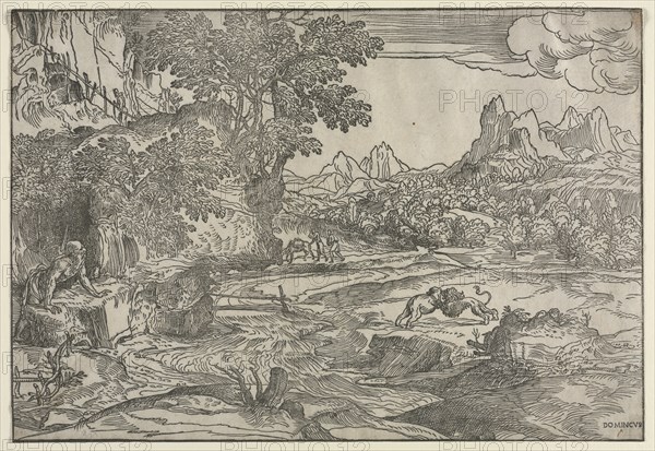 Landscape with Saint Jerome and Two Lions, c. 1530-35. Domenico Campagnola (Italian, 1500-1564). Woodcut