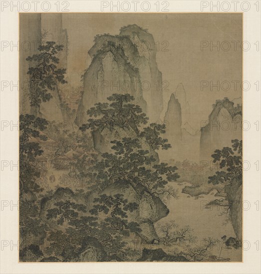 The Haven of the Peach-Blossom Spring, mid-1400s. Attributed to Shi Rui (Chinese, c. 1400-c. 1470). Album leaf, ink and slight color on silk; image: 24.7 x 22.2 cm (9 3/4 x 8 3/4 in.); overall: 66.7 x 40.4 cm (26 1/4 x 15 7/8 in.).