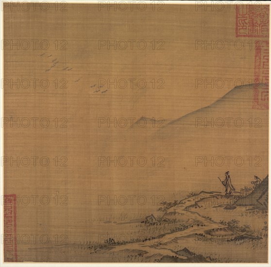 Landscape with Flying Geese, mid-1200s. Ma Lin (Chinese, c. 1185-after 1260). Album leaf, ink and slight color on silk; image: 25.5 x 26.5 cm (10 1/16 x 10 7/16 in.); with mat: 33.3 x 40.5 cm (13 1/8 x 15 15/16 in.).