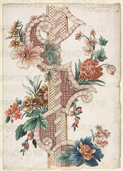 Vertical Decorative Floral Band, 1773. Giacomo Cavenezia (Italian). Pen and brown ink, brush and brown wash, gouache and watercolor; sheet: 32 x 22.9 cm (12 5/8 x 9 in.).