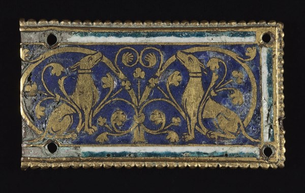 Plaque, probably from a Reliquary Shrine, c. 1200-1250. Mosan, Valley of the Meuse, Gothic period, early 13th century. Gilded copper; champlevé enamel; overall: 3.4 x 5.9 cm (1 5/16 x 2 5/16 in.)