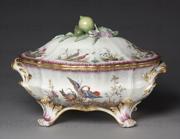 Covered Tureen (Terrine ancienne ou ordinaire), c. 1752. Vincennes Factory (French), probably painted by Louis-Denis Armand (French). Soft-paste porcelain with enamel and gilt decoration; overall: 25.8 x 38.5 cm (10 3/16 x 15 3/16 in.); container: 15.4 cm (6 1/16 in.).
