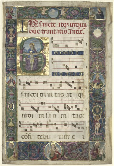 The Trinity:  Leaf from a Gradual with Initial B, c. 1496-1502. Circle of Perugino (Italian, c1450/55-1523). Ink, tempera, and gold on parchment; sheet: 78.7 x 53 cm (31 x 20 7/8 in.)