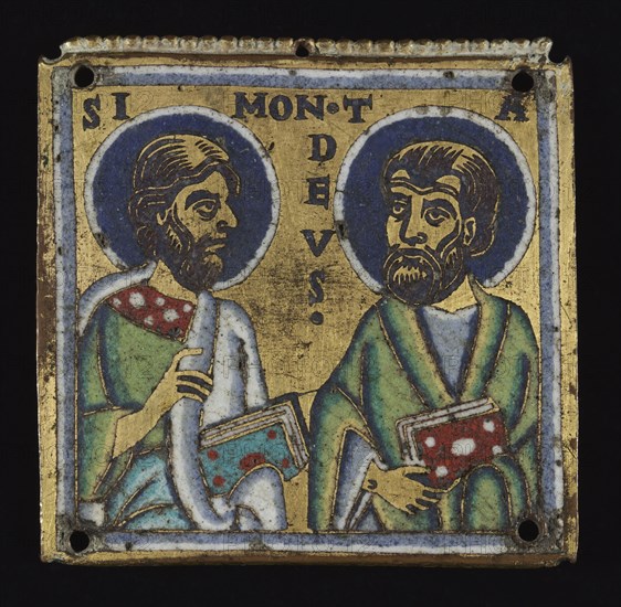 Plaque: Simon and Thaddaeus, c. 1160. Mosan, Valley of the Meuse, Romanesque period, 12th century. Gilded copper, champlevé enamel; overall: 6.1 x 6.3 cm (2 3/8 x 2 1/2 in.)
