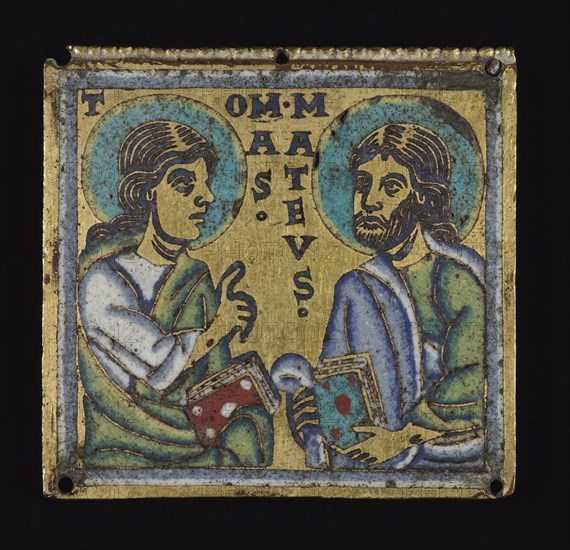 Plaque: Thomas and Matthew, c. 1160. Mosan, Valley of the Meuse, Romanesque period, 12th century. Gilded copper, champlevé enamel; overall: 5.8 x 6.1 cm (2 5/16 x 2 3/8 in.)