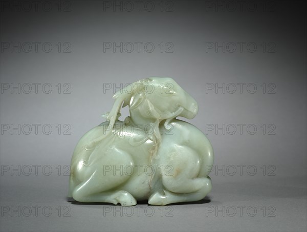Water Dropper in the Shape of a Deer, 1700s. China, Qing dynasty (1644-1911). Pale gray-green jade with brown markings; overall: 11.3 cm (4 7/16 in.).