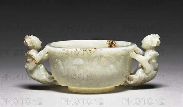 Bowl with Daoist Figures, 1271-1368. China, Yuan dynasty (1271-1368). White jade; diameter of mouth: 10.3 cm (4 1/16 in.); overall: 6.5 cm (2 9/16 in.); width with handles: 16 cm (6 5/16 in.).