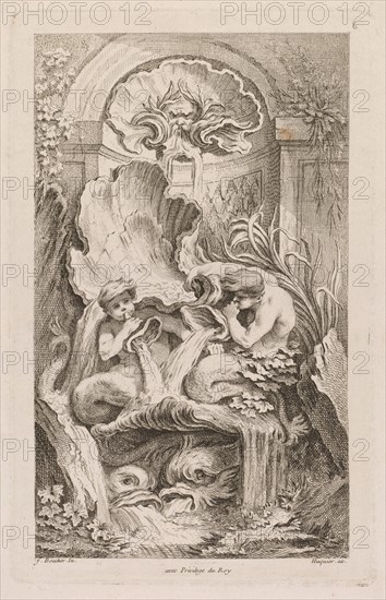 Book of Fountains:  No. 6, c. 1736. Gabriel Huquier (French, 1695-1772), after François Boucher (French, 1703-1770). Etching; image: 25 x 15 cm (9 13/16 x 5 7/8 in.); platemark: 27.2 x 17.1 cm (10 11/16 x 6 3/4 in.)
