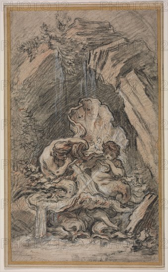 Fountain with Two Tritons Blowing Conch Shells, c. 1736. François Boucher (French, 1703-1770). Black and white chalks with stumping and red chalk on beige laid paper; sheet: 37.7 x 22.2 cm (14 13/16 x 8 3/4 in.); secondary support: 39.6 x 24.2 cm (15 9/16 x 9 1/2 in.).