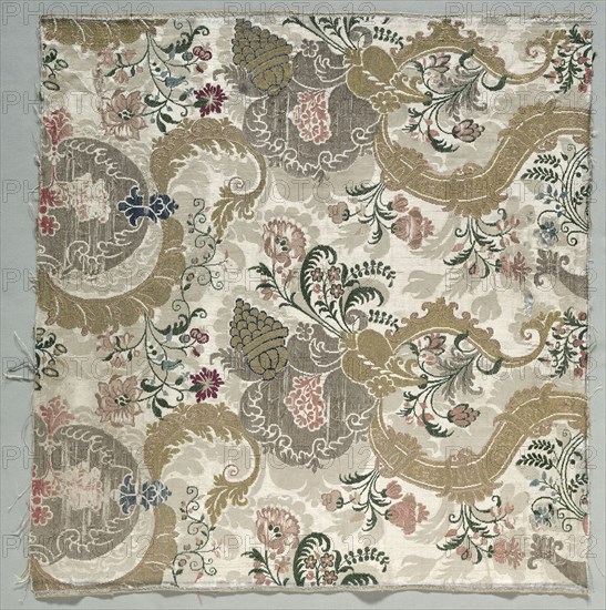 Length of Silk Textile, 1700s. Italy, 18th century. Damask, brocaded; silk and metal; overall: 80 x 55.7 cm (31 1/2 x 21 15/16 in.)