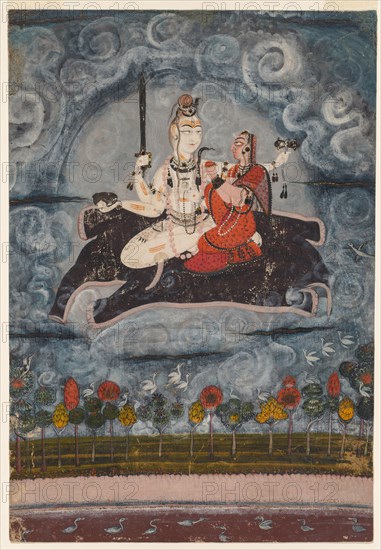 Shiva and Devi on Gajasura's Hide, c. 1675-1680. India, Pahari Hills, Basohli school, 17th century. Ink and color on paper; image: 23.5 x 16.2 cm (9 1/4 x 6 3/8 in.); with mat: 35.5 x 25.4 cm (14 x 10 in.).