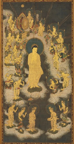 Welcoming Descent of Amida Buddha (Raigo), 1300-33. Japan, Kamakura period (1185-1333). Hanging scroll; ink, color and gold on silk; image: 171.8 x 84.5 cm (67 5/8 x 33 1/4 in.); overall: 269.1 x 113.3 cm (105 15/16 x 44 5/8 in.).