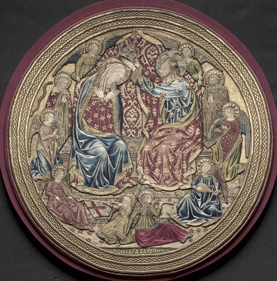 Embroidered Tondo from an Altar Frontal: The Coronation of the Virgin, 1459. Italy, Florence. Embroidery with gold, silver, and silk thread; split, satin, and couching stitches, or nué (shaded
