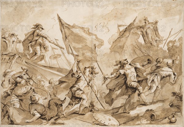 Jacopo Marcello Directing the Assault of Gallipoli, 1750-1760. Antonio Guardi (Italian, 1699-1760). Pen and brown ink and brush and brown wash, over black chalk; framing lines in brown ink; sheet: 53.6 x 77 cm (21 1/8 x 30 5/16 in.); image: 50.9 x 75 cm (20 1/16 x 29 1/2 in.).