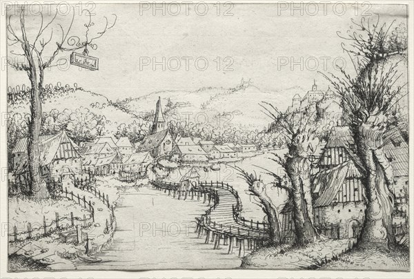 River Landscape with three bare willow-trees at right and a long winding wooden bridge at centre leading to a village, 1546. Augustin Hirschvogel (German, 1503-1553). Etching