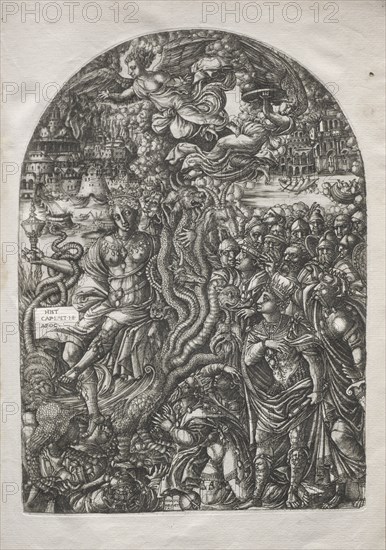 The Apocalypse:  Babylon the Harlot, Seated on the Seven-headed Beast, 1546-1556. Jean Duvet (French, 1485-1561). Engraving