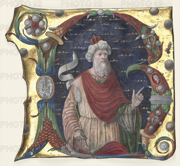 Initial R from a Choral Book with King David(?), c. 1470-1480. Attributed to Guglielmo Giraldi del Magri [or del Magro] (Italian). Ink, tempera and gold on vellum; sheet: 16 x 18 cm (6 5/16 x 7 1/16 in.)