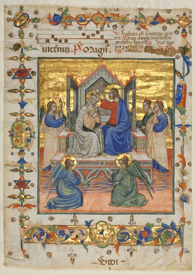 Leaf from an Antiphonary: Coronation of the Virgin, 1400s. Attributed to Master of the Beffi Triptych (Italian, active 1390-1425). Ink, tempera, and gold on vellum; sheet: 55 x 37 cm (21 5/8 x 14 9/16 in.).