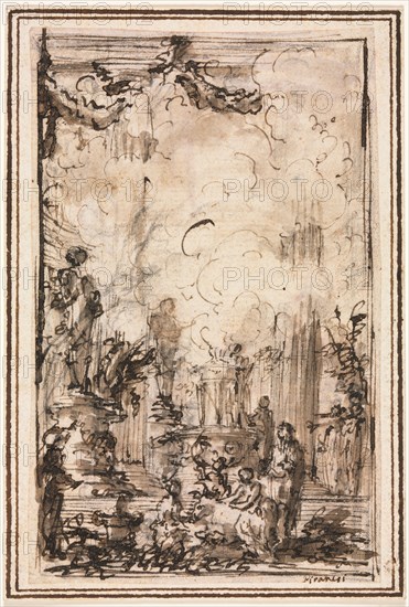 Sacrificial Offering in a Temple, after 1750. Giovanni Battista Piranesi (Italian, 1720-1778). Pen and brown ink and brush and brown and gray wash; framing lines in brown ink; sheet: 14.3 x 9.1 cm (5 5/8 x 3 9/16 in.); secondary support: 15.3 x 10.4 cm (6 x 4 1/8 in.).