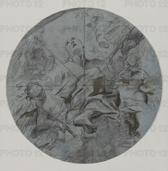 Apotheosis of a Saint (recto), second half 17th century. Giovanni Battista Benaschi (Italian, 1636-1688). Black chalk with brush and brown wash; divided into eighths with ruled black chalk; sheet: 35.3 x 35.3 cm (13 7/8 x 13 7/8 in.).