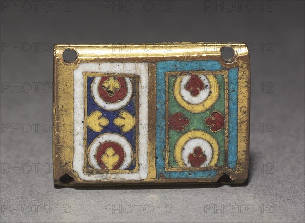 Plaque from a Reliquary Shrine, c. 1170. Germany, Rhine Valley, Cologne, Romanesque period, 12th century. Gilded copper; champlevé and cloisonné enamel; overall: 2.7 x 3.7 cm (1 1/16 x 1 7/16 in.).