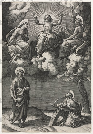 Christ, the Virgin, and St. John the Baptist with Saints Paul and Catherine, c. 1520-1525. Marcantonio Raimondi (Italian, 1470/82-1527/34), after Raphael (Italian, 1483-1520). Engraving